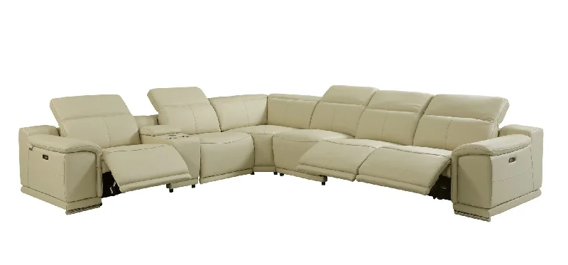 Sofa with textured fabric-Italian Leather Power Reclining, U Shaped Seven Piece Corner Sectional With Console - Beige