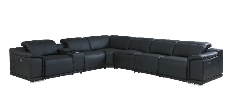 Sofa with suede feel-Italian Leather Power Reclining U Shaped Seven Piece Corner Sectional With Console - Black