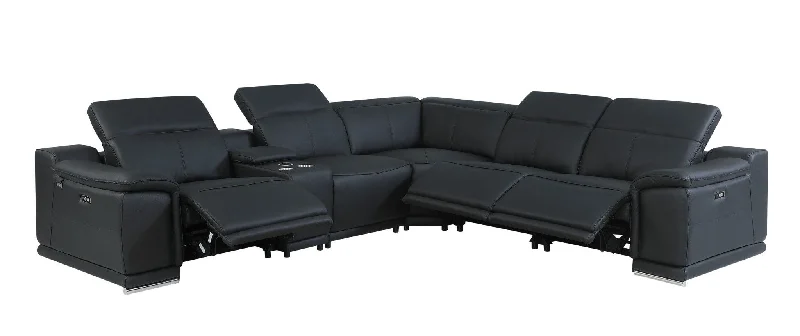 Sofa with plain fabric-Italian Leather Power Reclining U Shaped Six Piece Corner Sectional With Console - Black