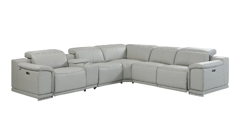 Sofa with microfiber fabric-Italian Leather Power Reclining U Shaped Six Piece Corner Sectional With Console - Light Gray