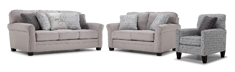 Sofa with fixed pillows-Lewiston Sofa, Loveseat and Chair Set - Cement and Graphite