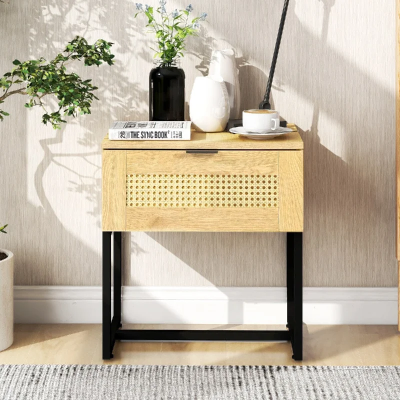 Sofa with sleeper bed-Nightstand Side Table, End Table, Sofa Side Table, with Wicker Rattan