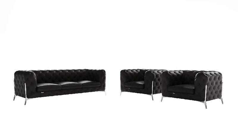 Sofa with polyester fabric-Three Piece Indoor Italian Leather Five Person Seating Set - Black