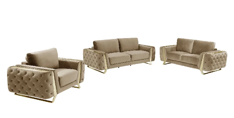 Sofa with deck furniture-Three Piece Indoor Velvet Six Person Seating Set - Beige