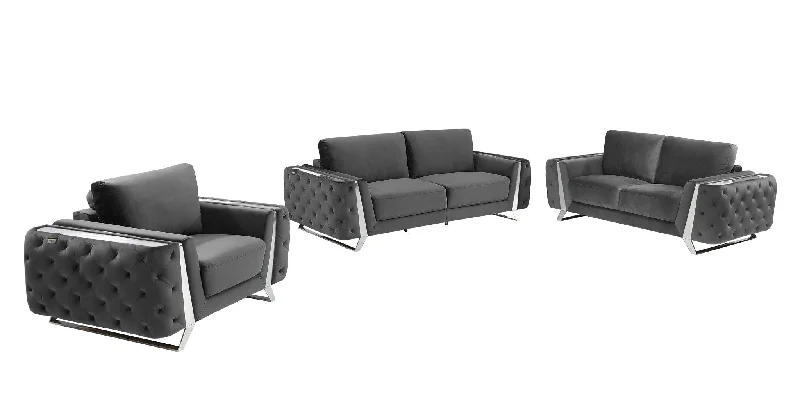 Sofa with 300lb limit-Three Piece Indoor Velvet Six Person Seating Set - Dark Gray