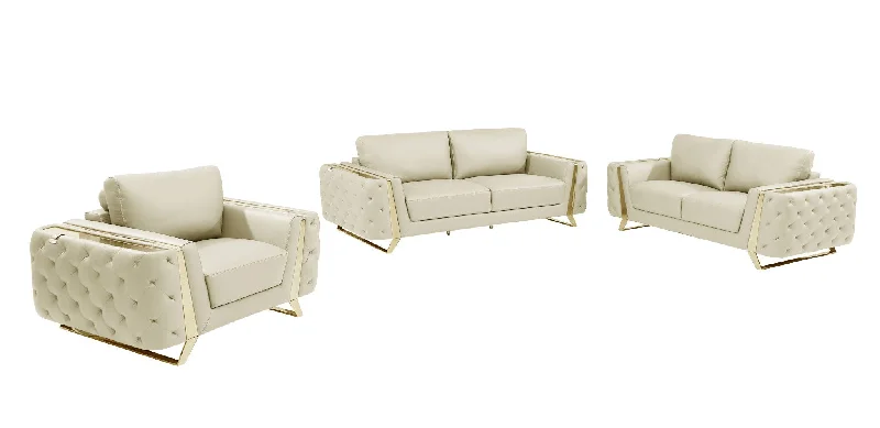 Sofa with UV protection-Three Piece Italian Leather Six Person Seating Set Indoor - Beige