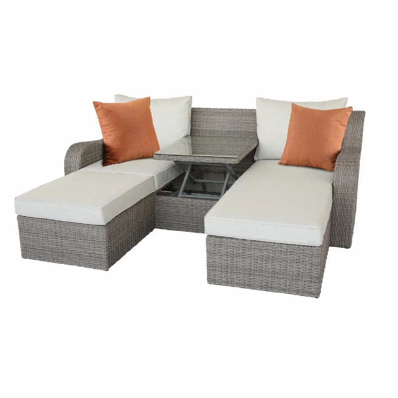 Sofa with hidden compartment-Three Piece Outdoor Wicker Sectional Seating Group With Beige Cushions - Gray