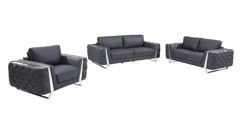 Sofa with 700lb limit-Three Piece Six Person Italian Leather Indoor Seating Set - Dark Gray