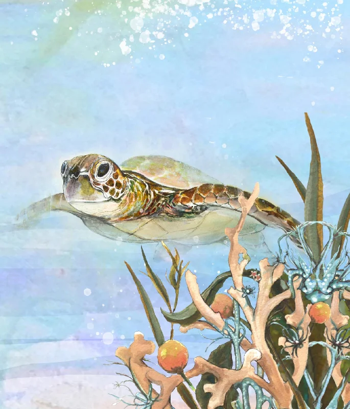 Wall Decor with vintage art-Turtle By The Reef II By Diannart (Small) - Light Blue