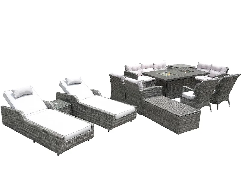 Sofa for cozy nights-Twelve Piece Outdoor Wicker Multiple Chairs Seating Group Fire Pit Included With White Cushions - Gray