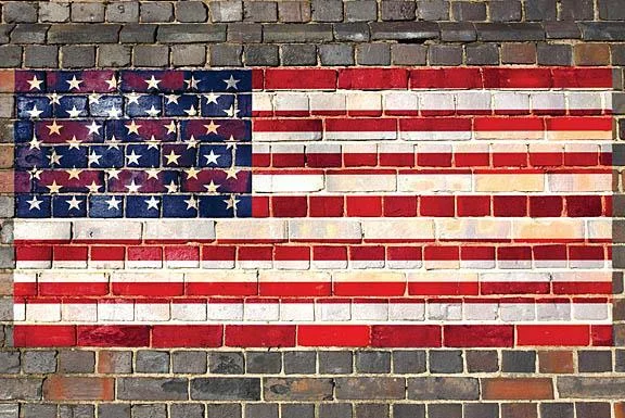 Wall Decor with chic appeal-Usa Flag On Brick 2 By JG Studios (Framed) - Red