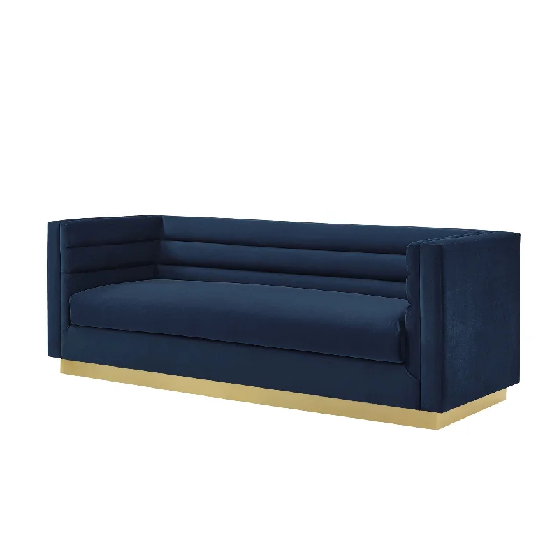 Sofa with dark wood finish-Velvet Sofa With Legs - Navy Blue