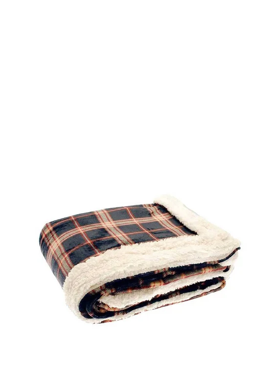 Fashionable throw blanket -Walton & Co Check Sherpa Flannel Throw, Midnight