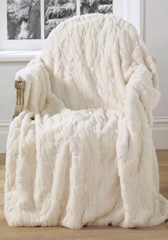 Premium cotton knit throw blanket -Walton & Co Darcey Fluffy Throw, Cream