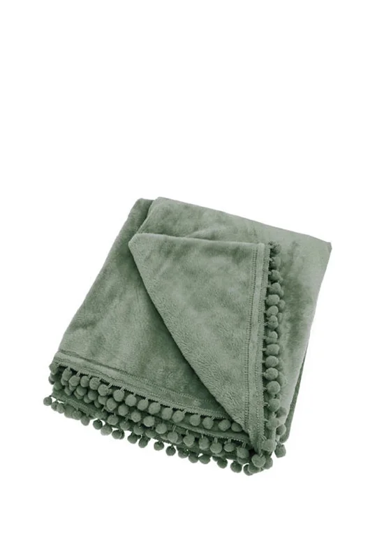 Throw blanket with vintage look -Walton & Co Fleece Throw with Pom-Pom Edge, Green