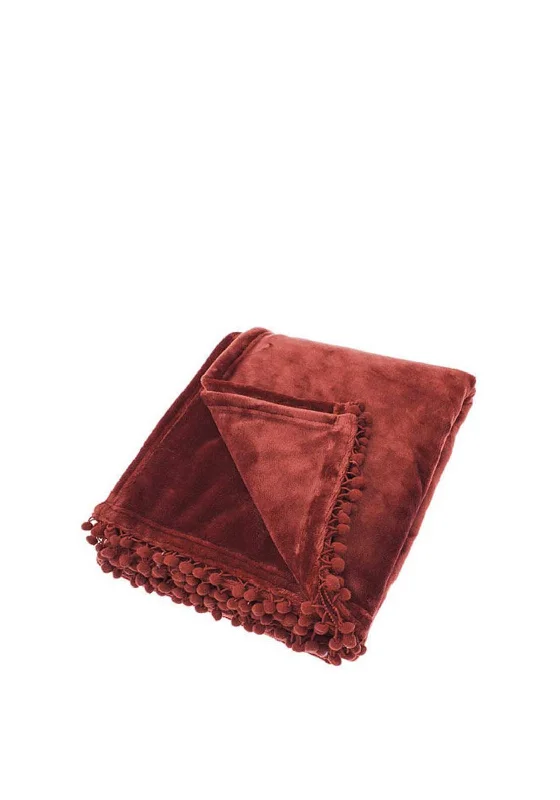 Velvet fringe throw blanket -Walton & Co Fleece Throw with Pom-Pom Edge, Red