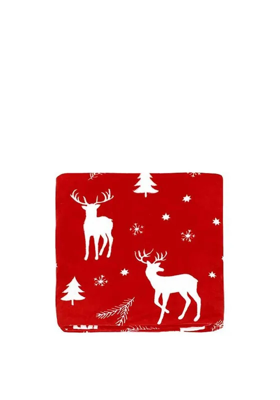 Ultra-soft microfiber throw blanket -Walton & Co Reindeer Fleece Throw, Red